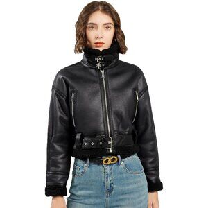 Women Faux Lamb Fur Leather Short Jacket Lapel Zipper Bomber Aviator Coat Black